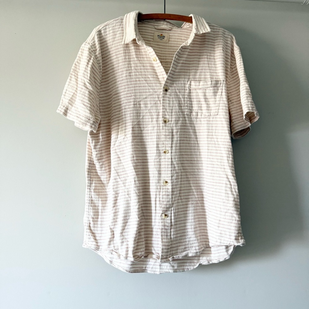 Marine Layer Stretch Selvage Short Sleeve Shirt / Warm Stripe Large - Picture 4 of 7